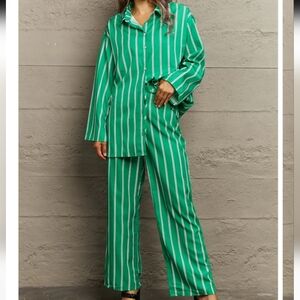 Lucky Green Striped Button-Up Pants Set